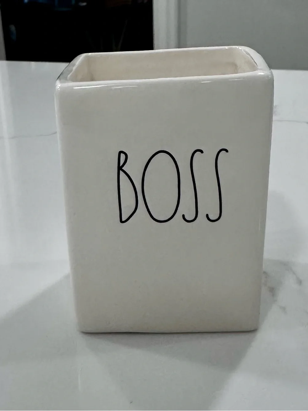 Rea Dunn BOSS Ceramic Pen Cup - White with Black Lettering